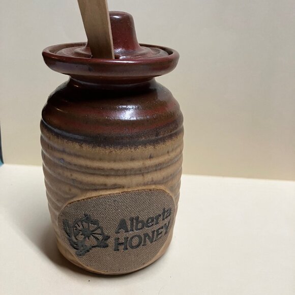 Hand Made Stoneware Ceramic Pottery Alberta Honey Pot Jar & Wooden Spoon + Lid - Picture 3 of 7